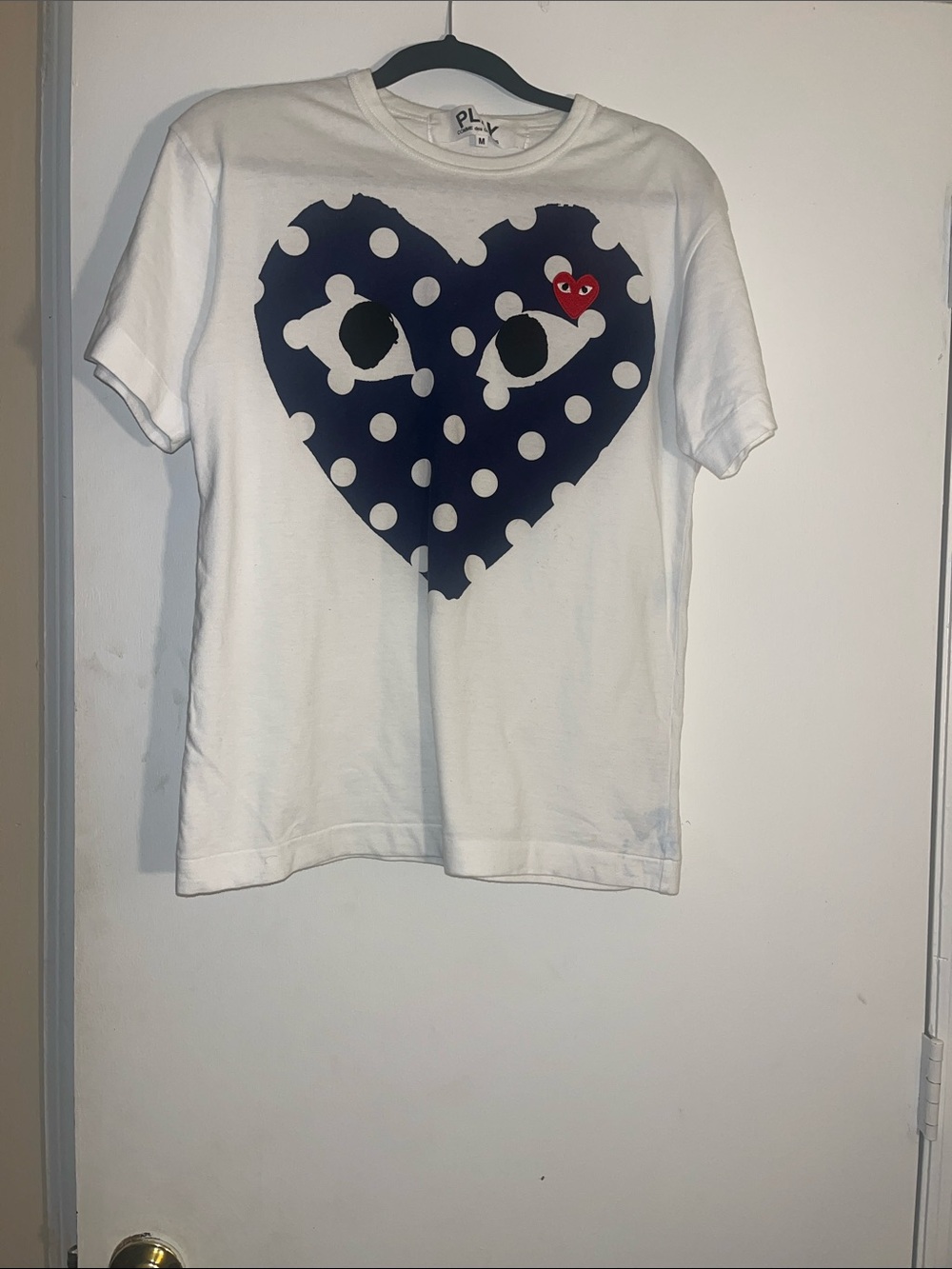 Comme des Garcons PLAY White Tee with Navy Polka Dot Heart and Red Heart Accent